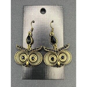 Brass Tone and Faux Black Crystal Owl Earrings